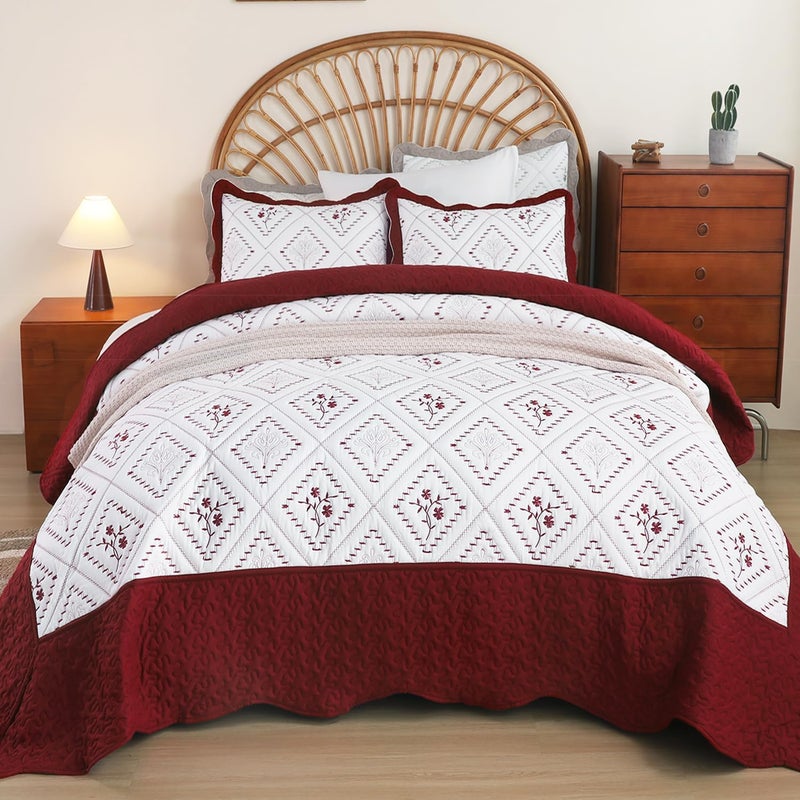 Cmfshape Floral Embroidery Quilt Set,3 Pieces King Size Quilt Bedding Set,Classic Diamond Pattern Quilts,Ultra Soft Lightweight Reversible Bedspread Coverlets for All Season(Burgundy,104"x90") - Image 2
